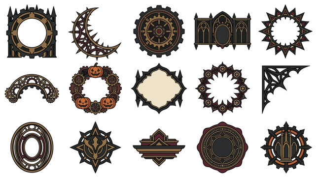 Gothic steampunk frames and borders set, 15 dark Victorian decorative elements, ornate Halloween labels and mechanical gear icons isolated on White Background Halloween