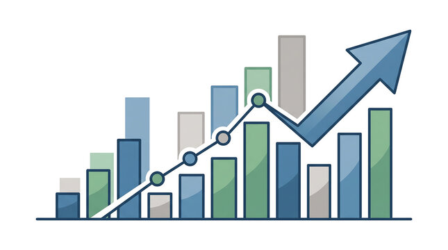 Financial growth chart with ascending bar graphs and upward pointing arrow for business success