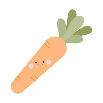 carrot with leaf leaves. Cute smiling carrot isolated on transparent background. Adorable kawaii vegetable cartoon character for kids. PNG illustration.