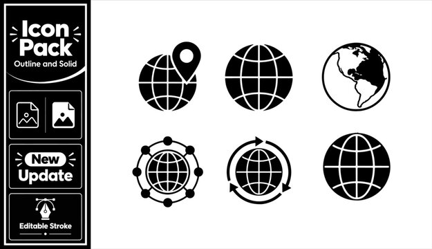 Global network and earth map location solid icons featuring globe sphere pinpoint and world travel navigation. Minimal update icon set.
