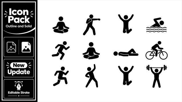 Fitness and exercise pictograms showing people engaging in various sports and activities. Minimal update icon set.