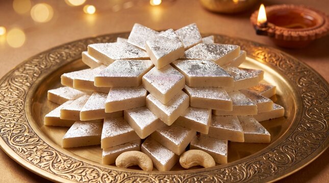 Kaju Katli Indian Sweet for Diwali Deepavali Dhanteras Lakshmi Puja Festival Celebration Gifting Wedding Ceremony and Rakshabandhan