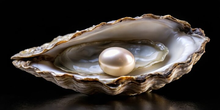 Close-up of a natural pearl inside an oyster shell on a black background , shell, marine biology,  shell