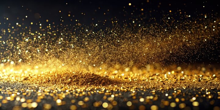 Sparkling gold glitter powder scattered on a dark and sleek black background with subtle texture, evoking luxury and sophistication , sparkles, decorative element