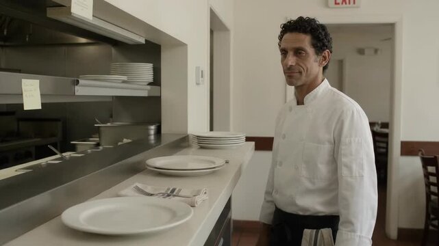 A Male Chef Stands At A Restaurant Kitchen Pass Looking At Empty Plates