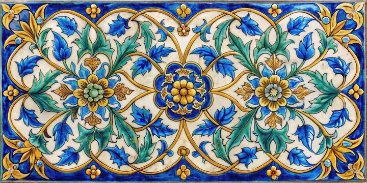 Vibrant blue and gold glazed tile with curved floral motifs and scrolling leaves against a white background , curved lines, arabesque