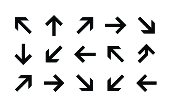 Set of fifteen diagonal and straight directional arrows with directional navigation pointers interface movement diagonal navigational directionality silhouette