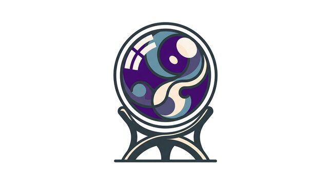 Crystal ball graphic illustration on stand with purple and blue celestial pattern