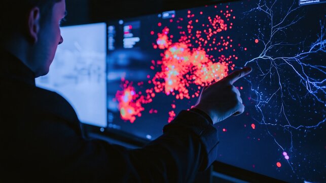 Analyst pointing at a glowing disaster map on plasma blue monitors, focusing on red data clusters for emergency planning and monitoring