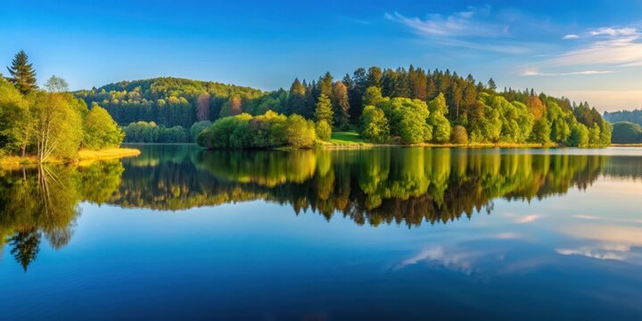 Serene lake landscape with Jezioro Luknajno reflecting trees and hills in Masuren Ermland Poland , forest, water