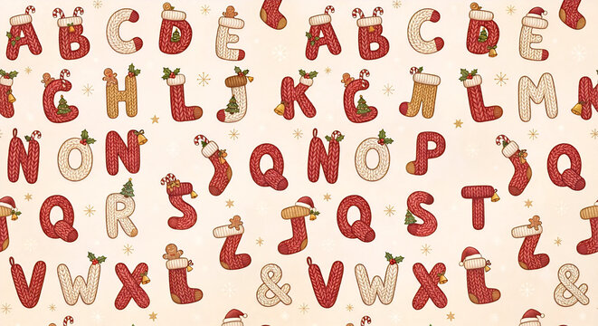 Seamless Christmas alphabet pattern with cozy knitted letters, festive stockings, candy canes, gingerbread men, and holly leaves for winter holiday background, wrapping paper, or fabric design.