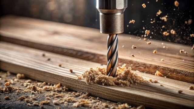 A slow-motion video of a drill bit penetrating deep into dense wooden material , drilling, detailed view