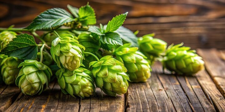 A close-up of green hops cones with a few flowers and leaves attached, set against a natural wood background