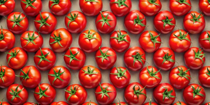 Colorful fresh red tomatoes arranged in a symmetrical seamless background pattern with subtle texture and shading, texture, red