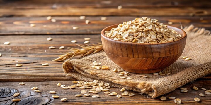 Crisp oat flakes scattered on a wooden surface with a rustic bowl in the background, natural, rustic,  natural