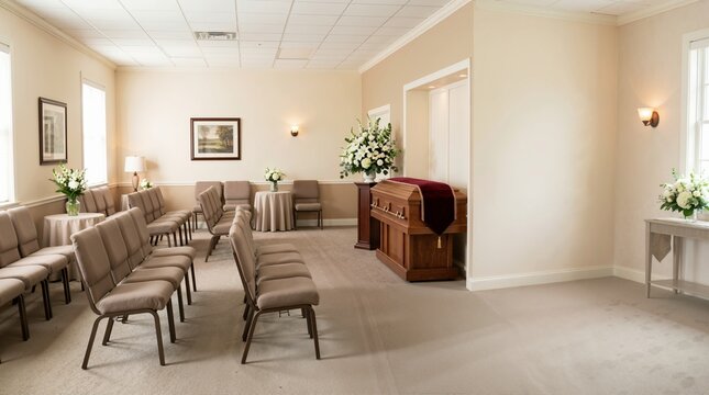 Funeral home viewing room with casket and floral arrangements. Interior setup for a memorial service with seating and flowers