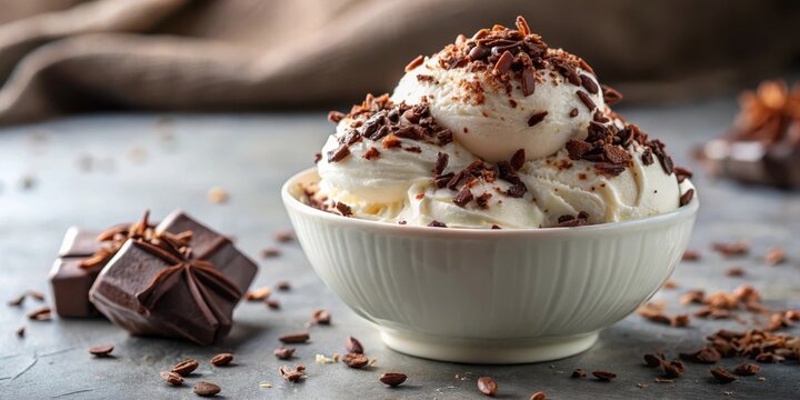 Creamy white gelato with chocolate shavings and dark brown cocoa bits on top, smooth and velvety texture, dessert, creamy stracciatella