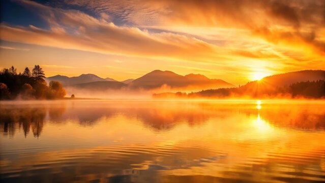 A golden sunrise over a serene lake with misty mountains in the background, illuminated by warm orange and pink hues , nature