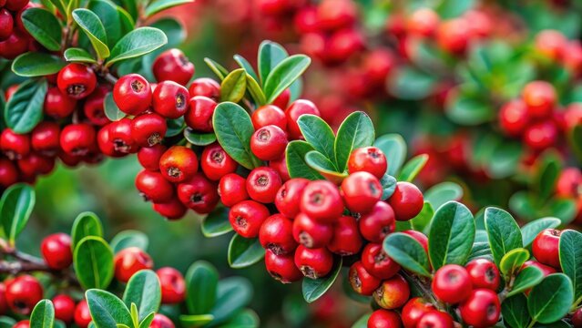 Dense cluster of bright red berries on bearberry cotoneaster bush with glossy green leaves and sturdy stems in late summer , dense cluster, bearberry