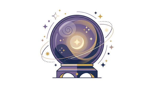 Crystal ball illustration with glowing magic stars and celestial orbits on stand