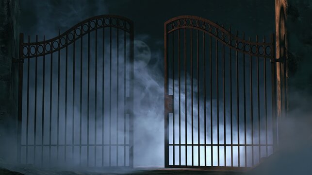 Rusted iron gate slightly ajar with fog drifting through the bars
