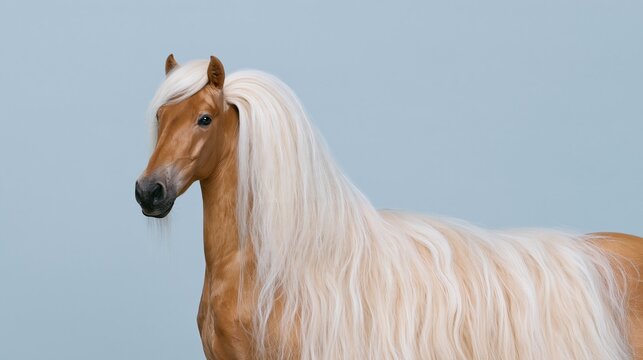 Horse with an exaggeratedly long cream mane flowing in a luxurious wave on a grey background, for hair care and equestrian design with copy space