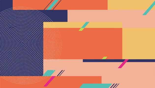 Modern abstract geometric composition featuring overlapping colorful rectangles and a textured blue halftone circle.