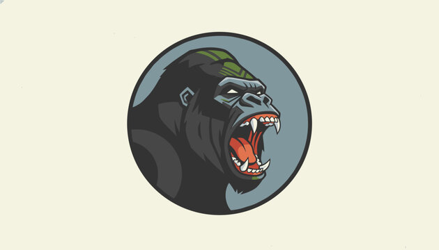 Furious roaring gorilla mascot badge corporate logo featuring open mouth and sharp teeth inside circular frame.