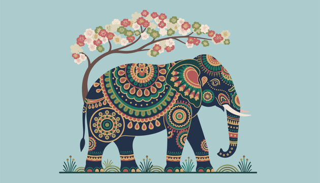 Elegant Indian elephant silhouette richly decorated with traditional mandala patterns walking under a cherry blossom tree.