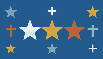Fototapeta premium Textured stars and crosses in warm colors create a festive pattern across a dark blue background, suitable for celestial designs.