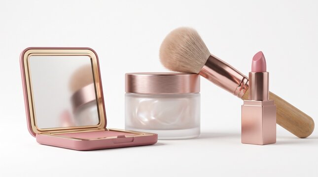 Rose gold luxury makeup set, elegant cosmetic products with face cream and lipstick, professional beauty tools on white background