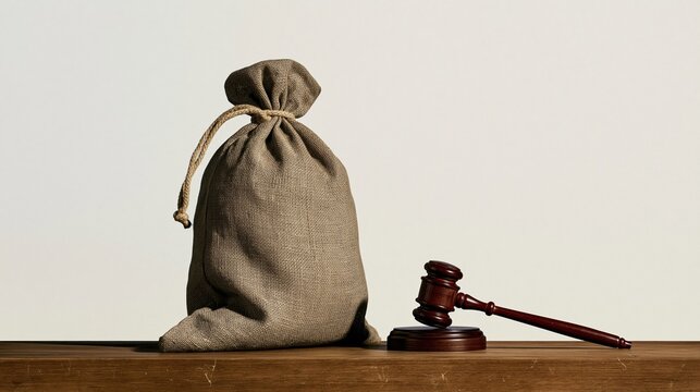 Money bag and judge gavel on a polished wooden table, featuring a coarse burlap texture and blank background for legal and debt concepts