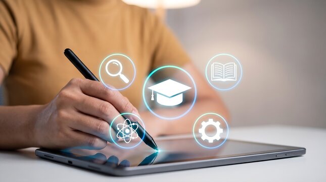 Woman Using Online Education Training and E Learning Webinar for Professional Development