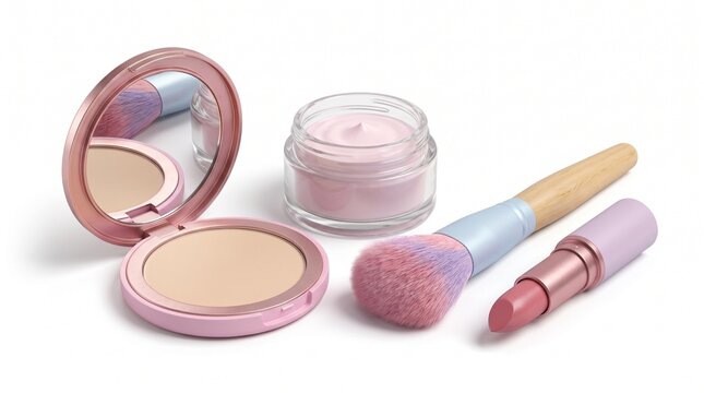 Pink makeup collection with face powder, cream jar, lipstick and brush. Cosmetic beauty products set on white background for skincare and fashion.
