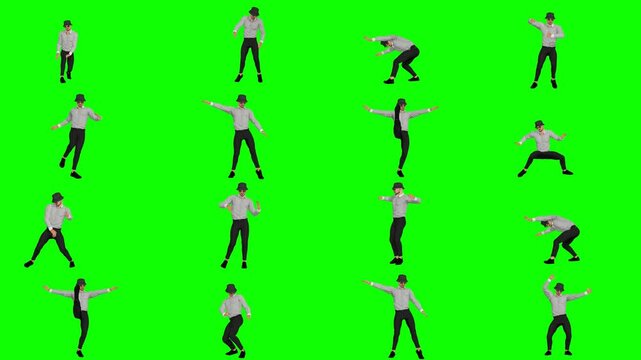 A collection of energetic young men dancing and distinctive dance moves on a green screen. For video editors, content creators who need high quality stock footage. Vibrant and professional quality.