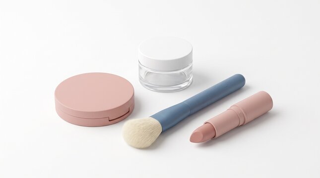 Minimalist makeup set on white background, pink lipstick and powder compact, professional cosmetic brush and glass cream jar