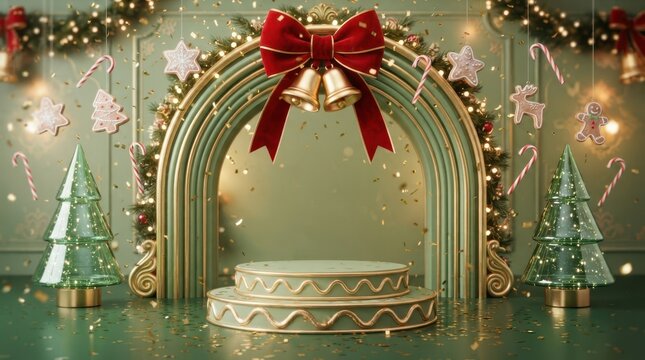 Merry Christmas Luxury christmas product podium with gingerbread cookies and green archway for retail display on merry christmas day theme