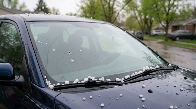 Hail stones on damaged car windshield after severe storm. Vehicle hail damage and auto insurance concept
