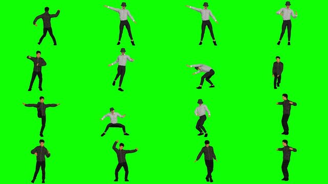 Young men dancing energetically on a green screen. Ready-made footage for video editors, dancers and content creators. Professional quality, ready for commercial use in multimedia and dance projects.