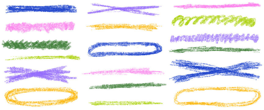 Highlight handwriting underline in pencil crayon shapes with drawn texture. Kid brush strokes in green blue and pink on white. Bold vector highlight elements with hand drawn annotation marks isolated