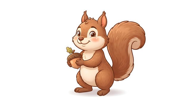 Cute cartoon squirrel holding small acorn on clean white background.