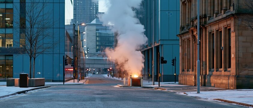 Steam venting from urban heating chamber on frosty street at dawn