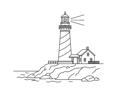Black and white line drawing of a tall lighthouse with a keeper house on a rocky coast near the sea Vector