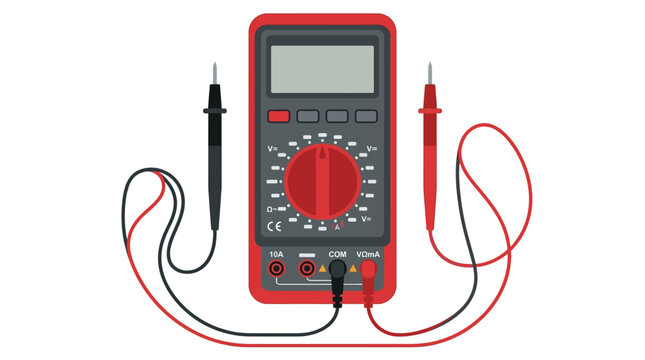 Digital multimeter with red and black test probes is isolated on a white background.