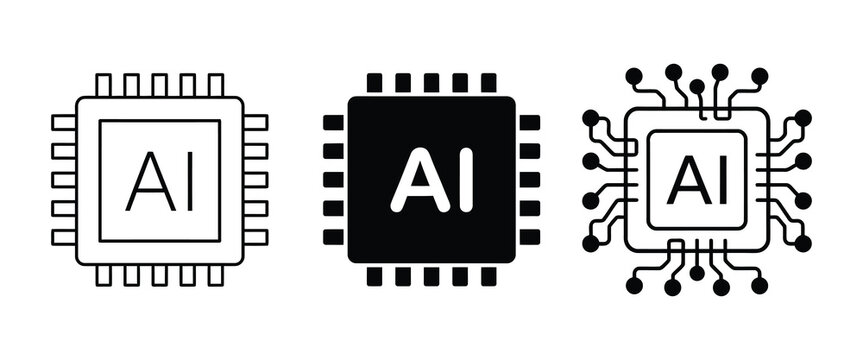 Artificial intelligence microchip icons in different graphic representations with computer chip icon set microchip