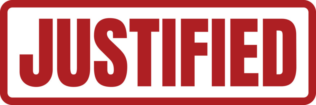 Bold red rubber stamp mark with the word Justified isolated on a clean clear surface