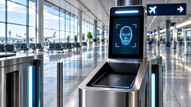 Facial recognition security gate with digital face scan interface at modern airport terminal for automated boarding process