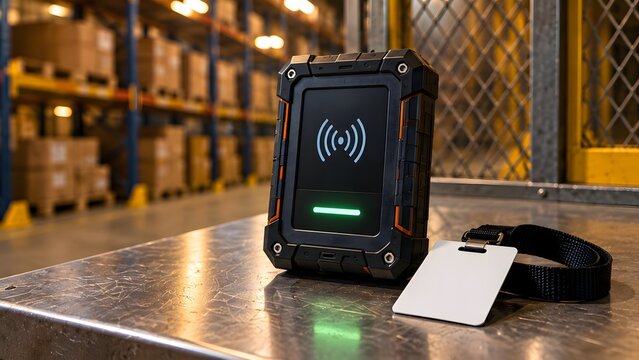 Industrial RFID scanner device with wireless signal interface and blank security badge in modern warehouse facility