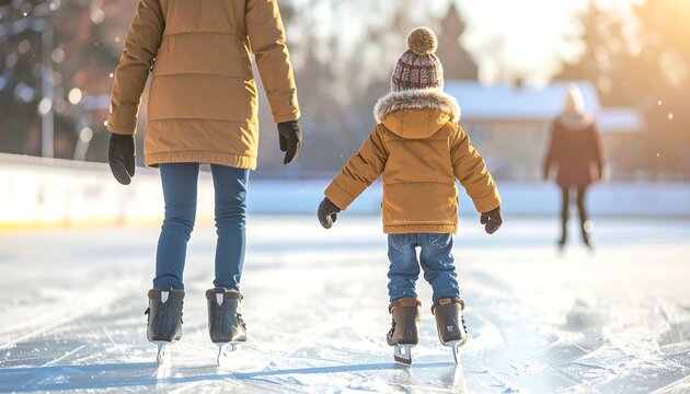Family enjoying ice skating outdoors on a sunny winter day.