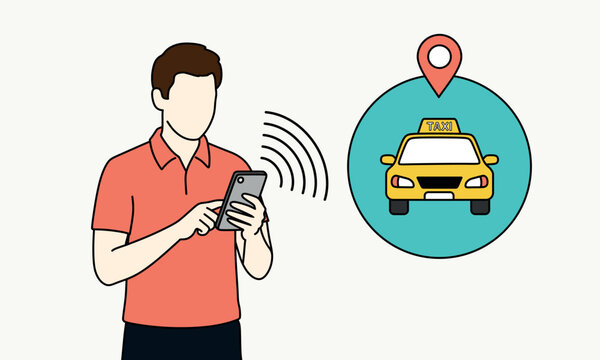 Man using smartphone to order taxi with location pin, flat illustration showing ride hailing app, GPS tracking and online transportation booking service, modern urban mobility concept.